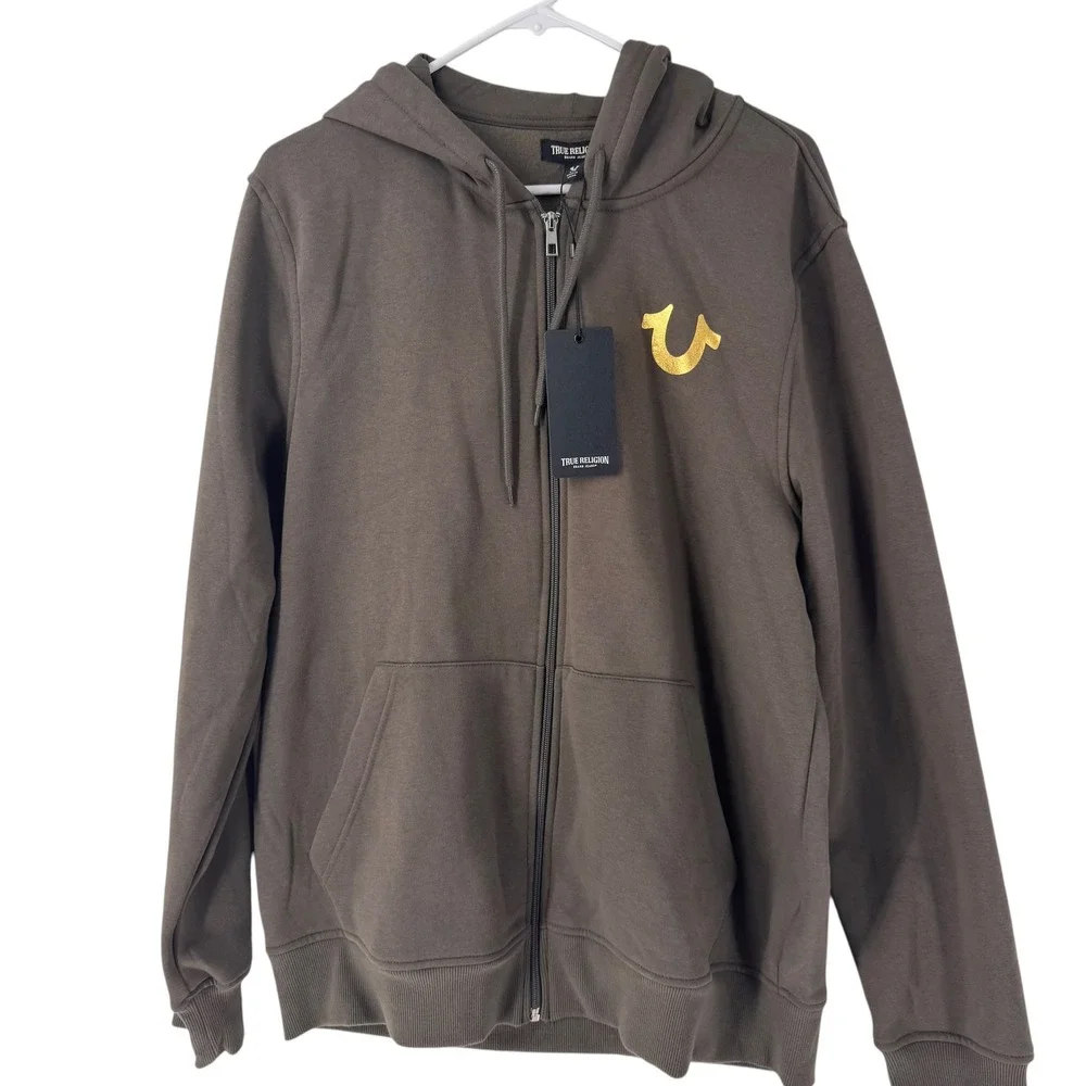 True Religion Mens Major Brown Gold HS Buddha Foil Zip Hoodie 700907 L NEW